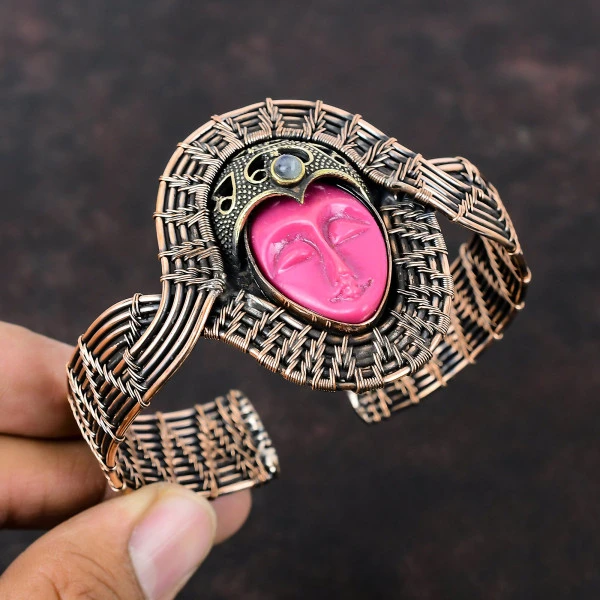 Pink Carved Bone Face Oval Pink Handmade Copper Wire Wrapped Bangle