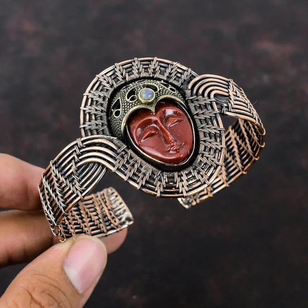 Red Carved Bone Face Oval Red Handmade Copper Wire Wrapped Bangle
