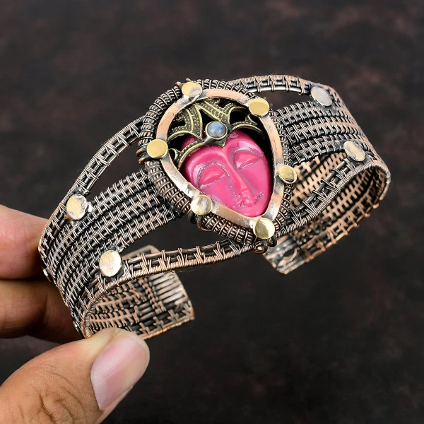 Pink Carved Bone Face Pear Pink Handmade Copper Wire Wrapped Bangle