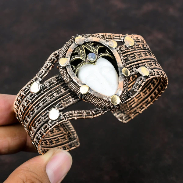 White Carved Bone Face Pear White Handmade Copper Wire Wrapped Bangle