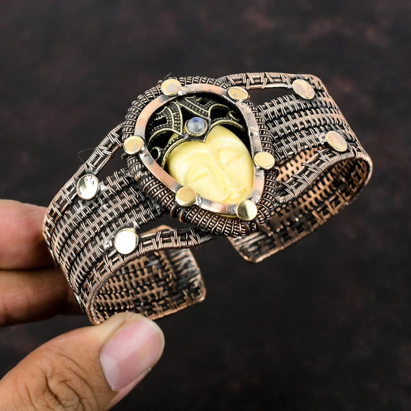 White Carved Bone Face Pear White Handmade Copper Wire Wrapped Bangle