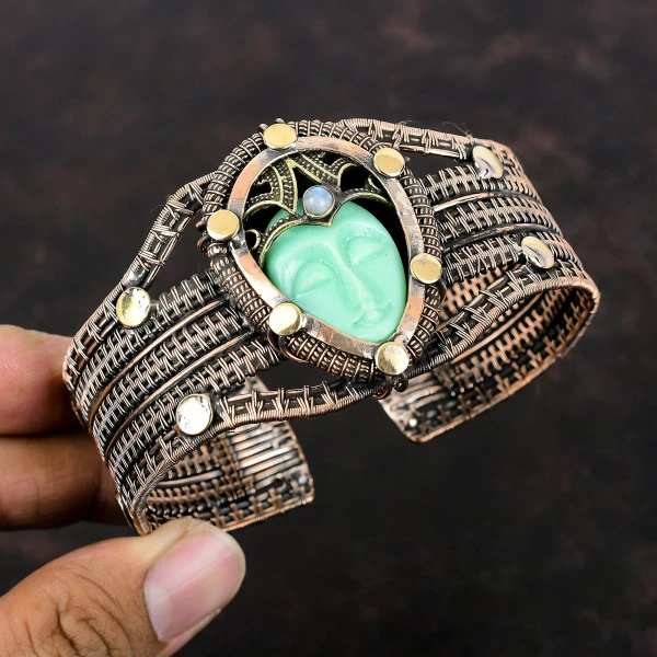 Green Carved Bone Face Pear Green Handmade Copper Wire Wrapped Bangle