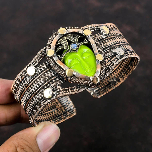 Green Carved Bone Face Pear Green Handmade Copper Wire Wrapped Bangle