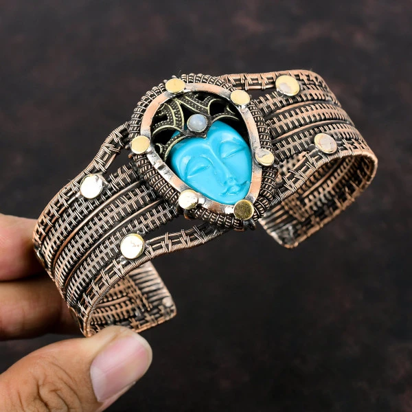 Blue Carved Bone Face Pear Blue Handmade Copper Wire Wrapped Bangle