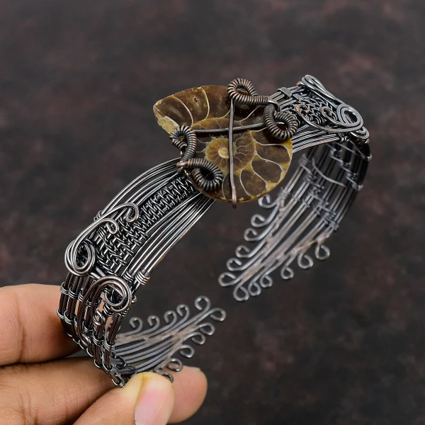 Ammonite Fossil Pear Brown Handmade Copper Wire Wrapped Bangle