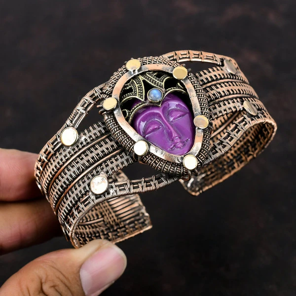 Purple Carved Bone Face Pear Purple Handmade Copper Wire Wrapped Bangle