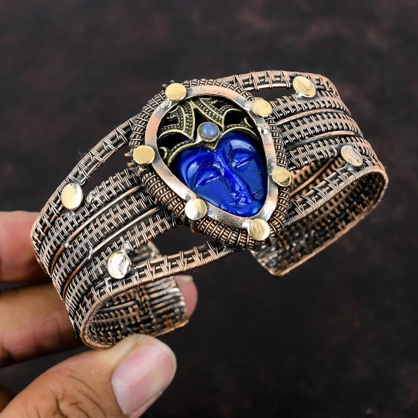 Blue Carved Bone Face Pear Blue Handmade Copper Wire Wrapped Bangle