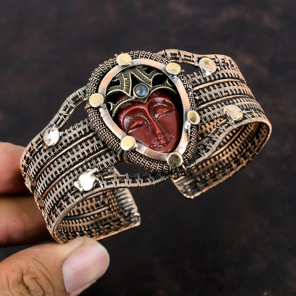 Red Carved Bone Face Pear Red Handmade Copper Wire Wrapped Bangle