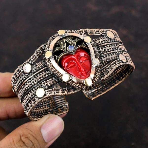 Red Carved Bone Face Pear Red Handmade Copper Wire Wrapped Bangle