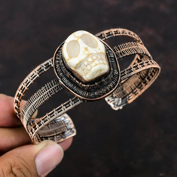 Howlite Oval White Handmade Copper Wire Wrapped Bangle