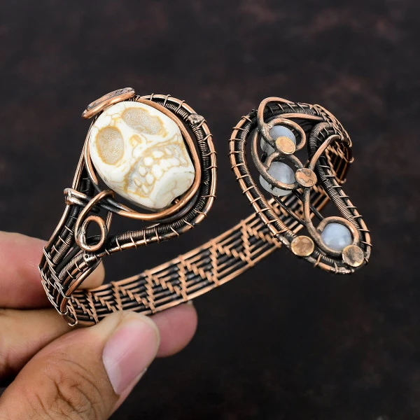 Howlite Oval White Handmade Copper Wire Wrapped Bangle