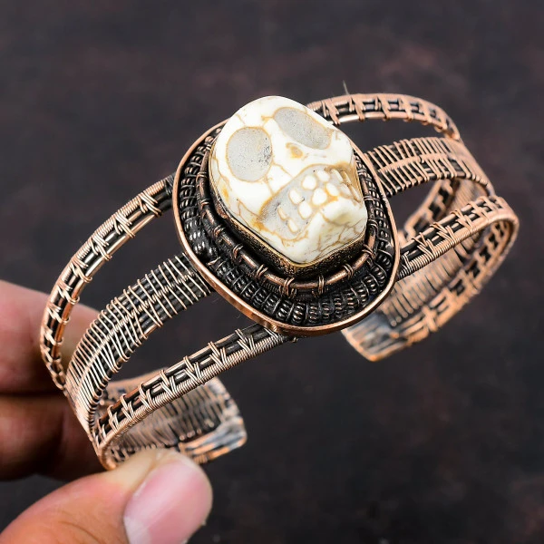 Howlite Oval White Handmade Copper Wire Wrapped Bangle