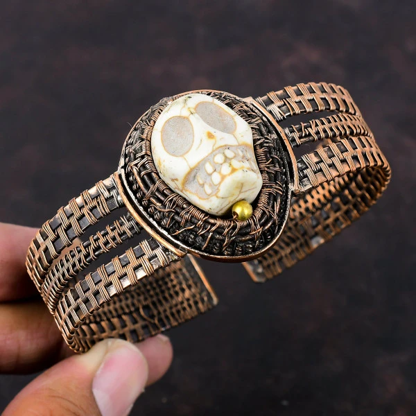 Howlite Oval White Handmade Copper Wire Wrapped Bangle