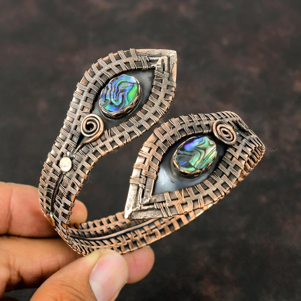 Abalone Shell Oval Blue Handmade Copper Wire Wrapped Bangle