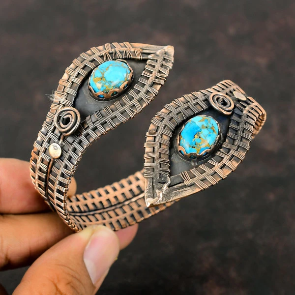 Copper Blue Turquoise Oval Blue Handmade Copper Wire Wrapped Bangle