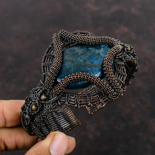 Neon Apatite Oval Blue Handmade Copper Wire Wrapped Bangle