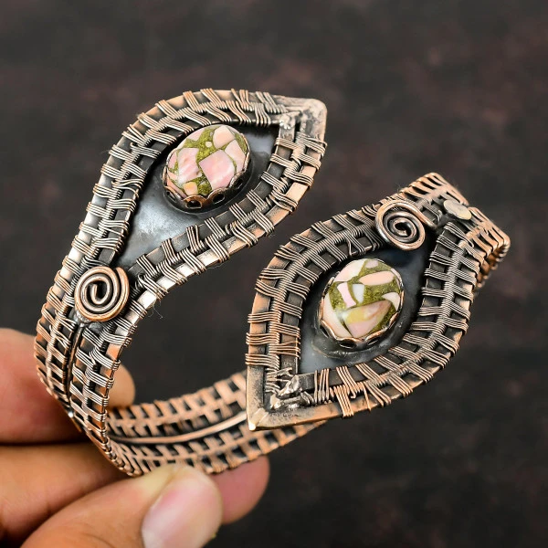 Copper Pink Opal Oval Pink Handmade Copper Wire Wrapped Bangle