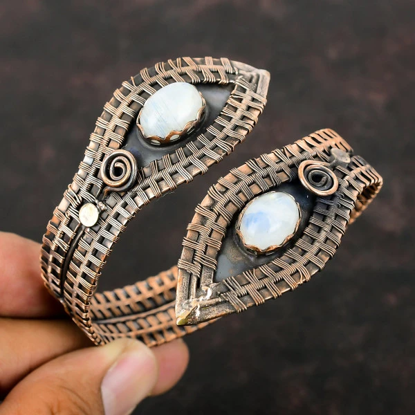Rainbow Moonstone Oval White Handmade Copper Wire Wrapped Bangle