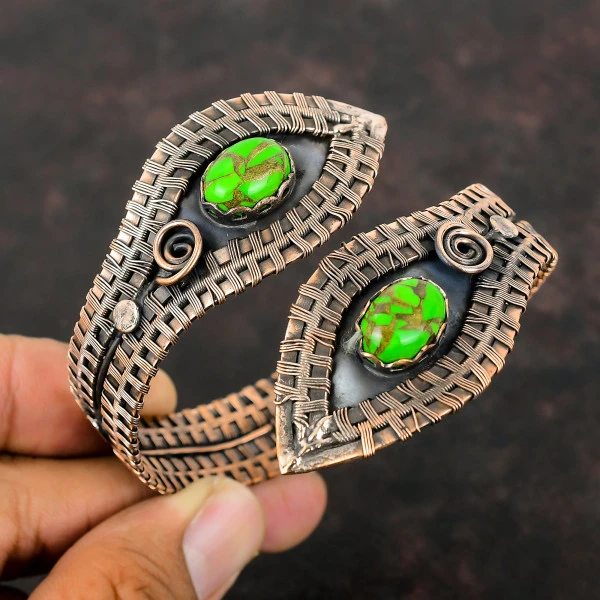 Copper Green Turquoise Oval Green Handmade Copper Wire Wrapped Bangle