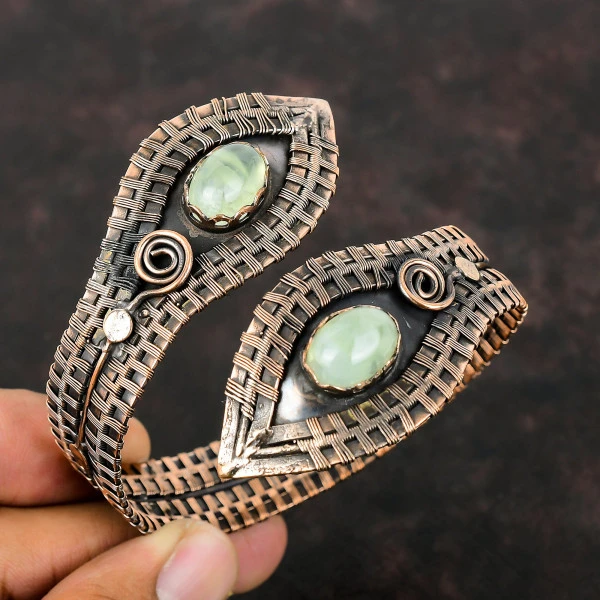 Prehnite Oval Green Handmade Copper Wire Wrapped Bangle