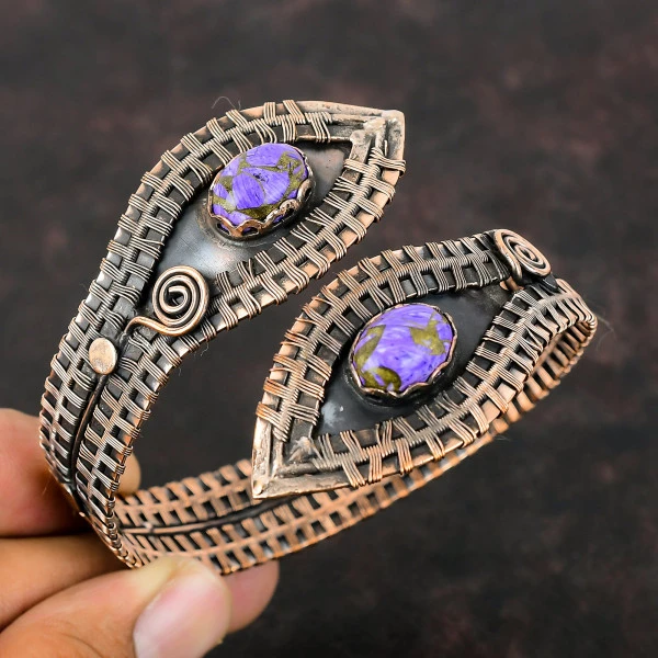 Copper Charoite Oval Purple Handmade Copper Wire Wrapped Bangle