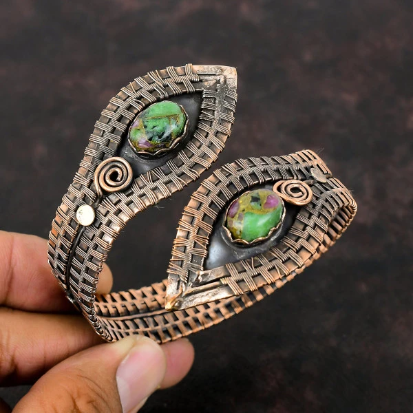 Copper Ruby Zoisite Oval Green Handmade Copper Wire Wrapped Bangle