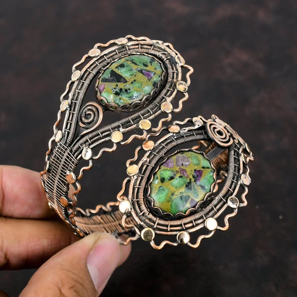 Copper Ruby Zoisite Oval Green Handmade Copper Wire Wrapped Bangle