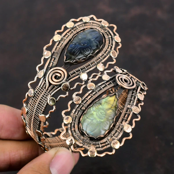 Carved Labradorite Pear Blue Handmade Copper Wire Wrapped Bangle
