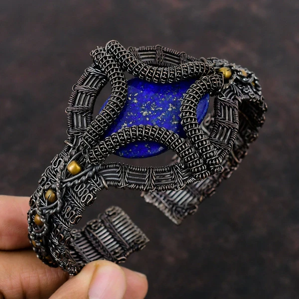 Lapis Lazuli Oval Blue Handmade Copper Wire Wrapped Bangle