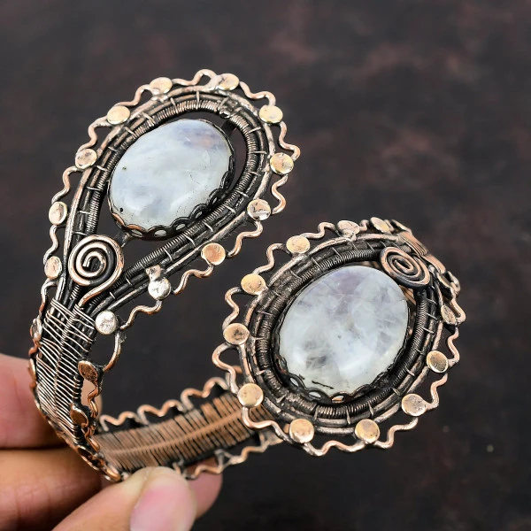 Rainbow Moonstone Oval White Handmade Copper Wire Wrapped Bangle