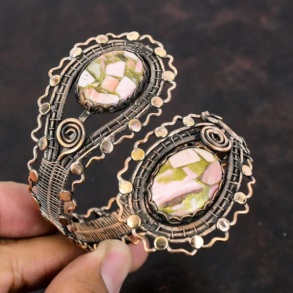 Copper Pink Opal Oval Pink Handmade Copper Wire Wrapped Bangle