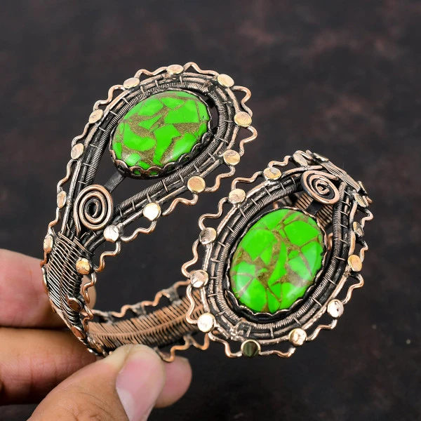 Copper Green Turquoise Oval Green Handmade Copper Wire Wrapped Bangle