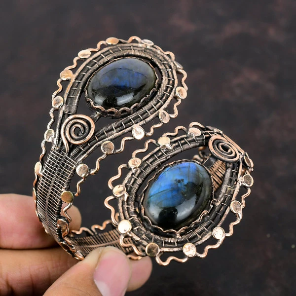Labradorite Oval Gray Handmade Copper Wire Wrapped Bangle