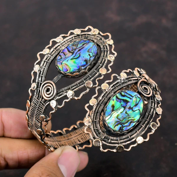 Abalone Shell Oval Green Handmade Copper Wire Wrapped Bangle