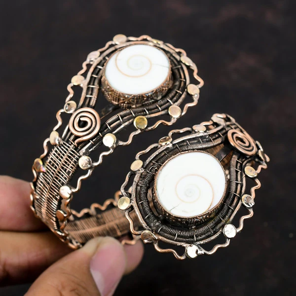 Shiva Eye Shell Oval White Handmade Copper Wire Wrapped Bangle