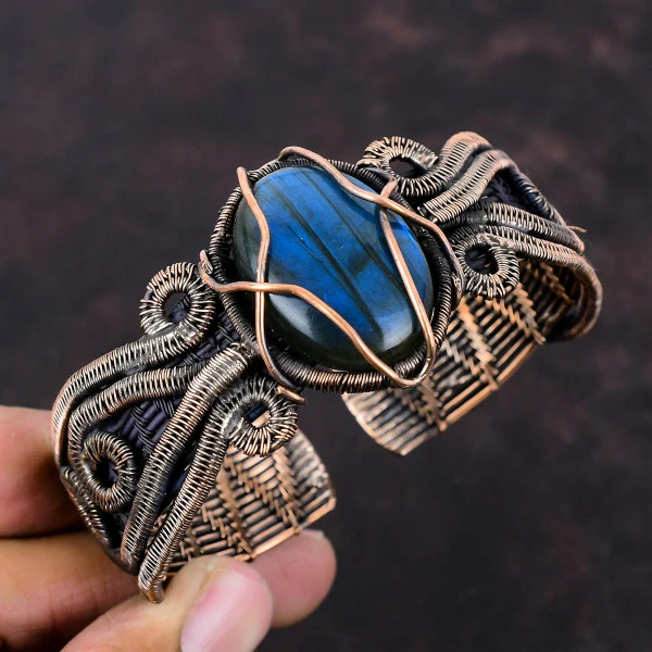 Labradorite Oval Blue Handmade Copper Wire Wrapped Bangle