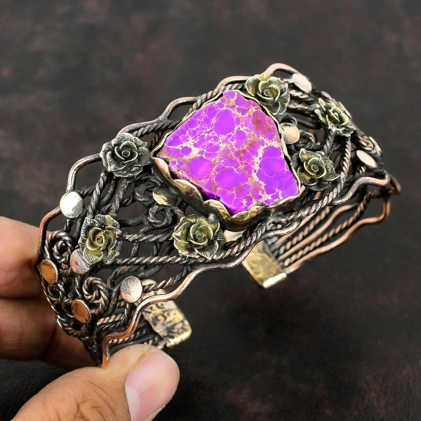Purple Sea Sediment Jasper Pentagon Purple Handmade Copper Wire Wrapped Bangle