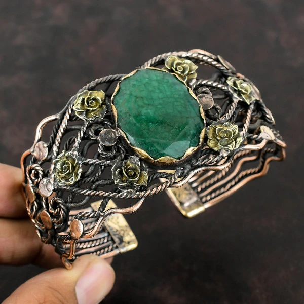 Zambian Emerald Oval Green Handmade Copper Wire Wrapped Bangle