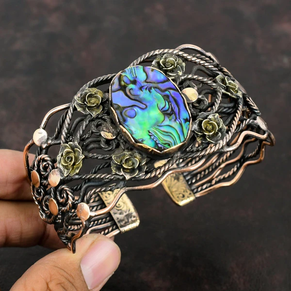 Abalone Shell Oval Blue Handmade Copper Wire Wrapped Bangle