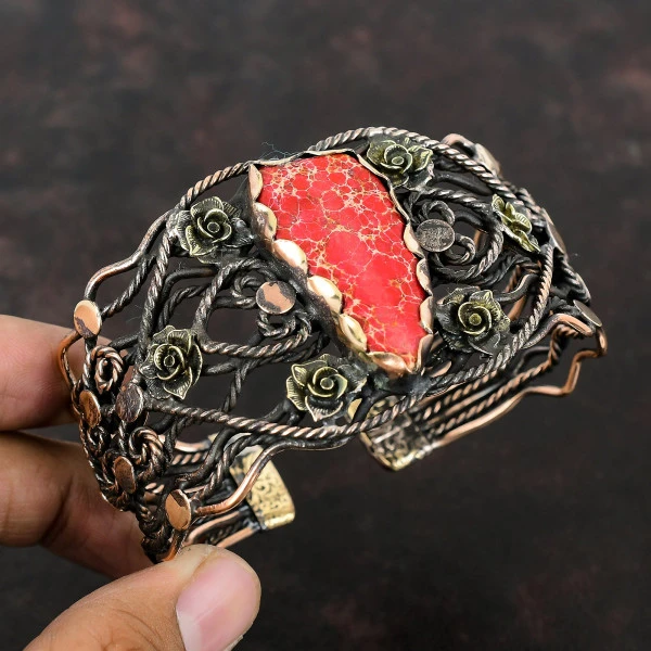 Red Sea Sediment Jasper Pear Red Handmade Copper Wire Wrapped Bangle