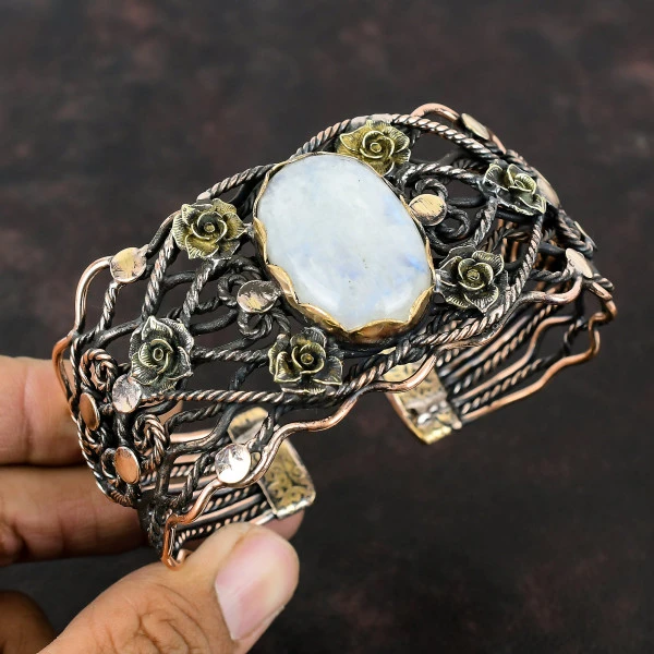 Rainbow Moonstone Oval White Handmade Copper Wire Wrapped Bangle