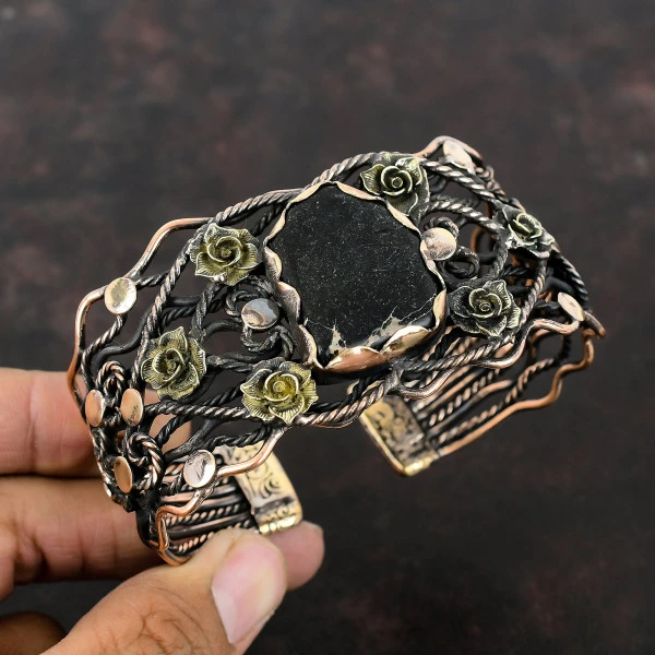 Black Sea Sediment Jasper Oval Black Handmade Copper Wire Wrapped Bangle