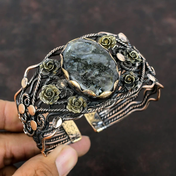 Larvikite Oval Black Handmade Copper Wire Wrapped Bangle