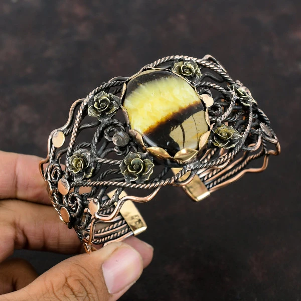 Septarian Oval Yellow Handmade Copper Wire Wrapped Bangle