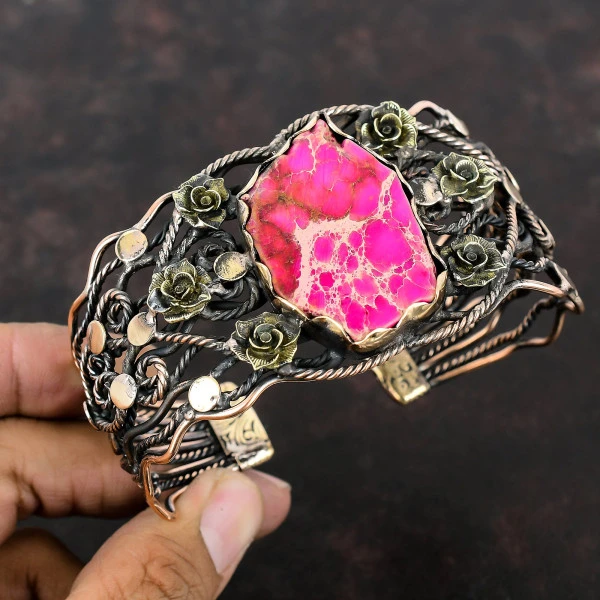 Pink Sea Sediment Jasper Pentagon Pink Handmade Copper Wire Wrapped Bangle