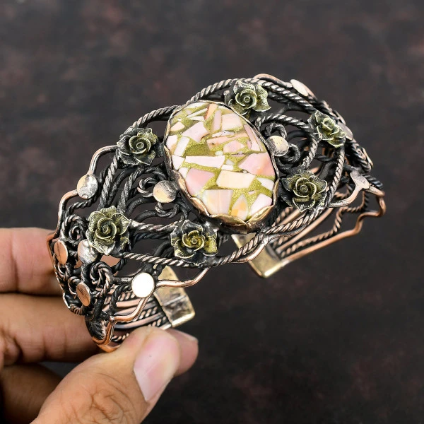 Copper Pink Opal Oval Pink Handmade Copper Wire Wrapped Bangle