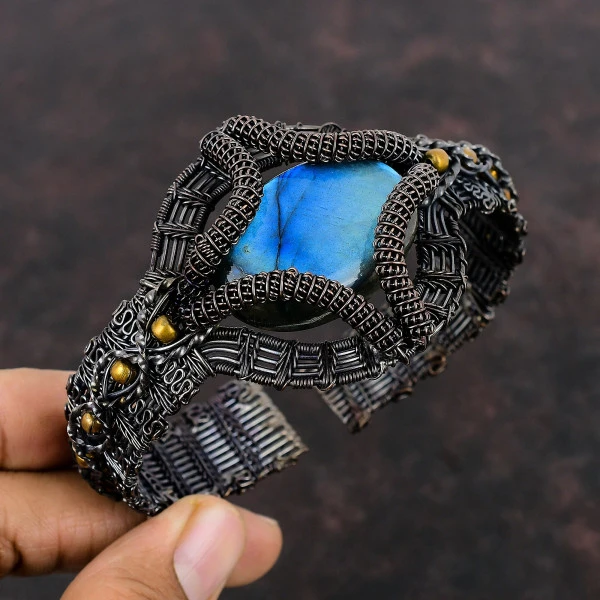 Labradorite Oval Blue Handmade Copper Wire Wrapped Bangle