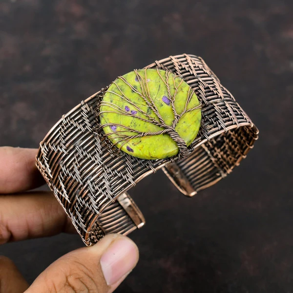 Stichtite Round Green Handmade Copper Wire Wrapped Bangle