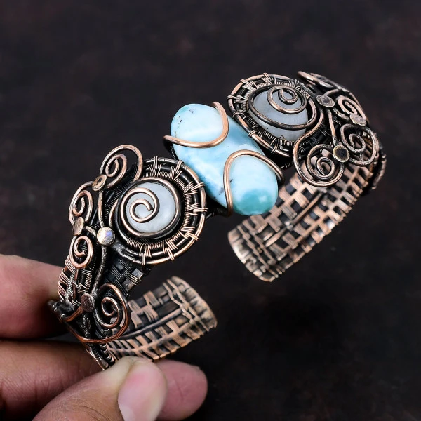 Larimar Oval Blue Handmade Copper Wire Wrapped Bangle