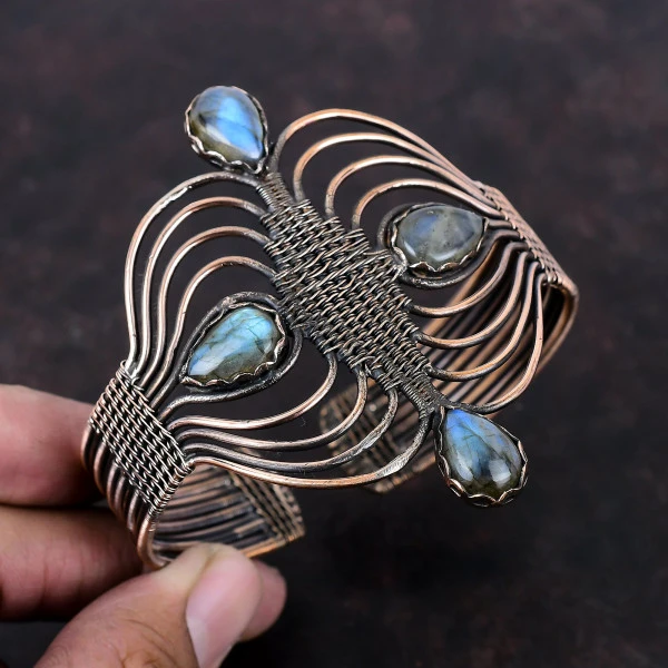 Labradorite Pear Gray Handmade Copper Wire Wrapped Bangle